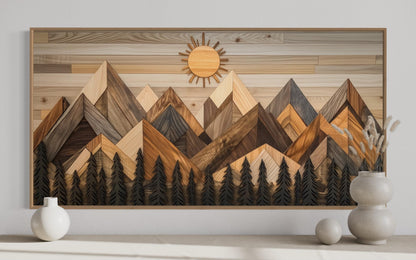 Geometric Wood Mountain and Pine Trees Forest Canvas Wall Art