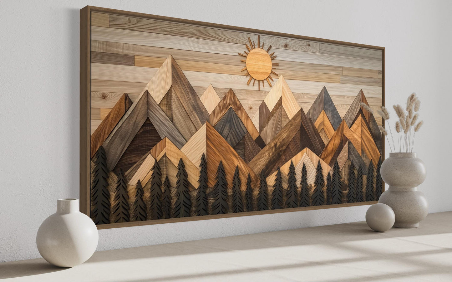 Geometric Wood Mountain and Pine Trees Forest Canvas Wall Art