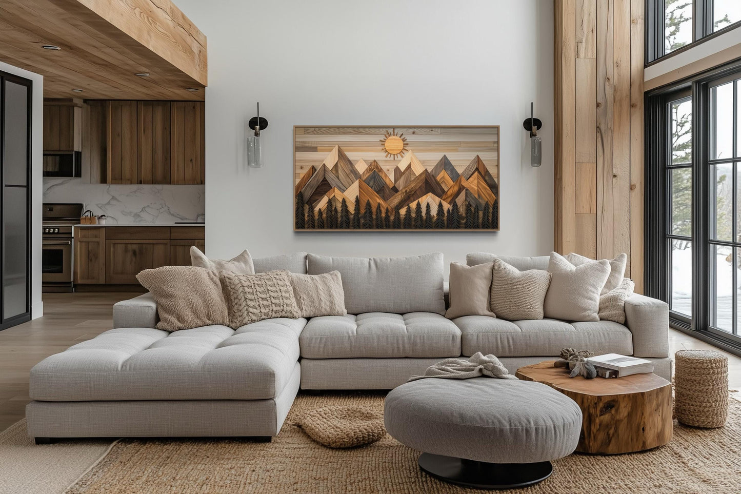 Geometric Wood Mountain and Pine Trees Forest Canvas Wall Art