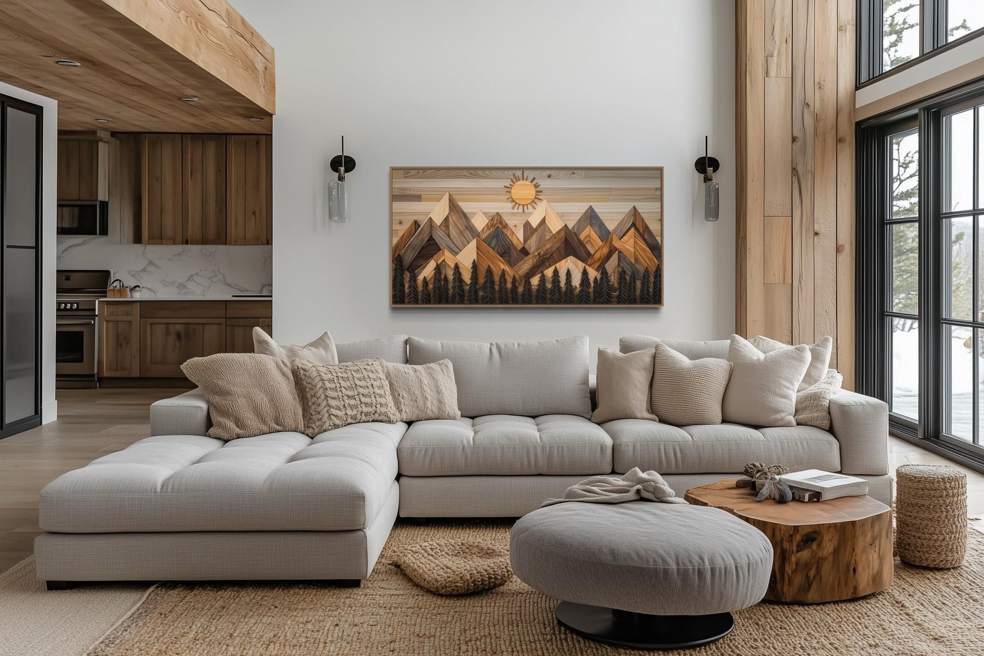 Geometric Wood Mountain and Pine Trees Forest Canvas Wall Art