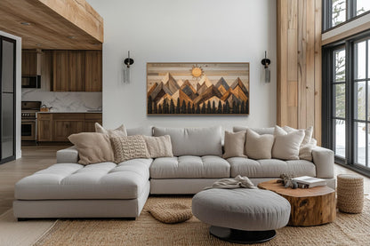 Geometric Wood Mountain and Pine Trees Forest Canvas Wall Art