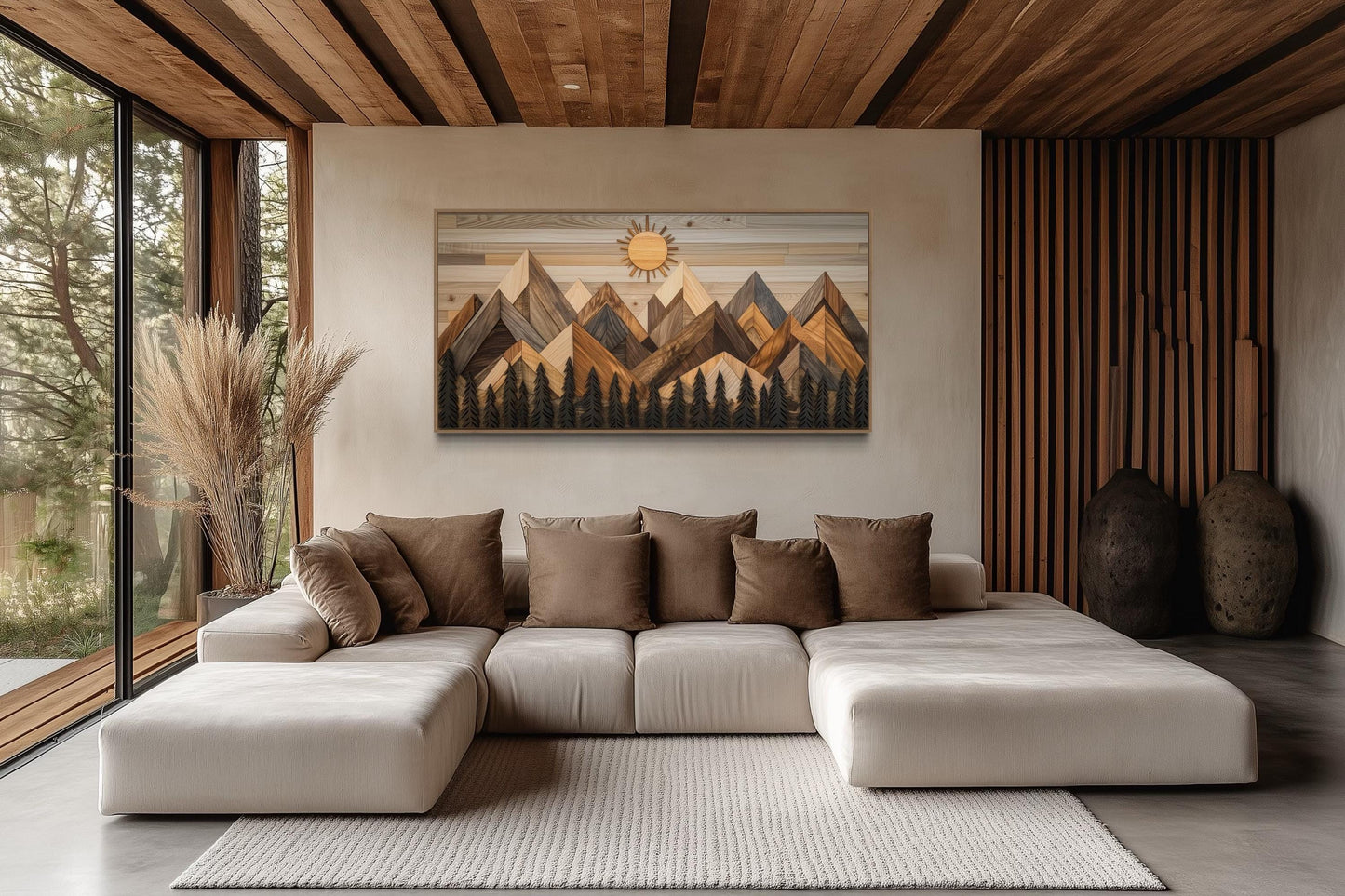 Geometric Wood Mountain and Pine Trees Forest Canvas Wall Art