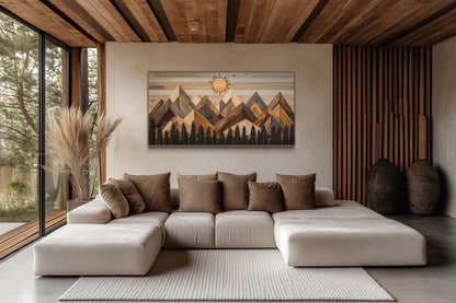 Geometric Wood Mountain and Pine Trees Forest Canvas Wall Art