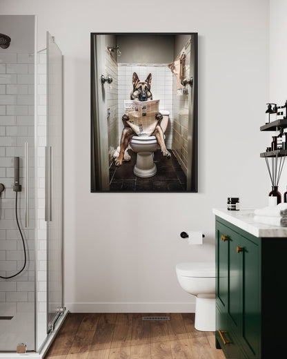 German Shepherd Dog On The Toilet Reading Newspaper Picture Canvas Wall Art