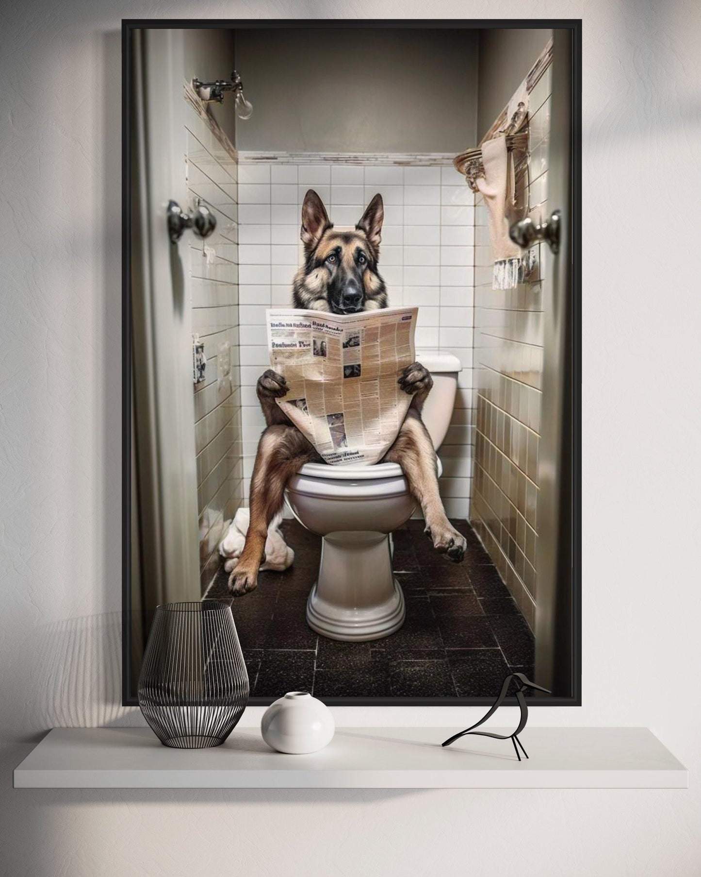 German Shepherd Dog On The Toilet Reading Newspaper Picture Canvas Wall Art