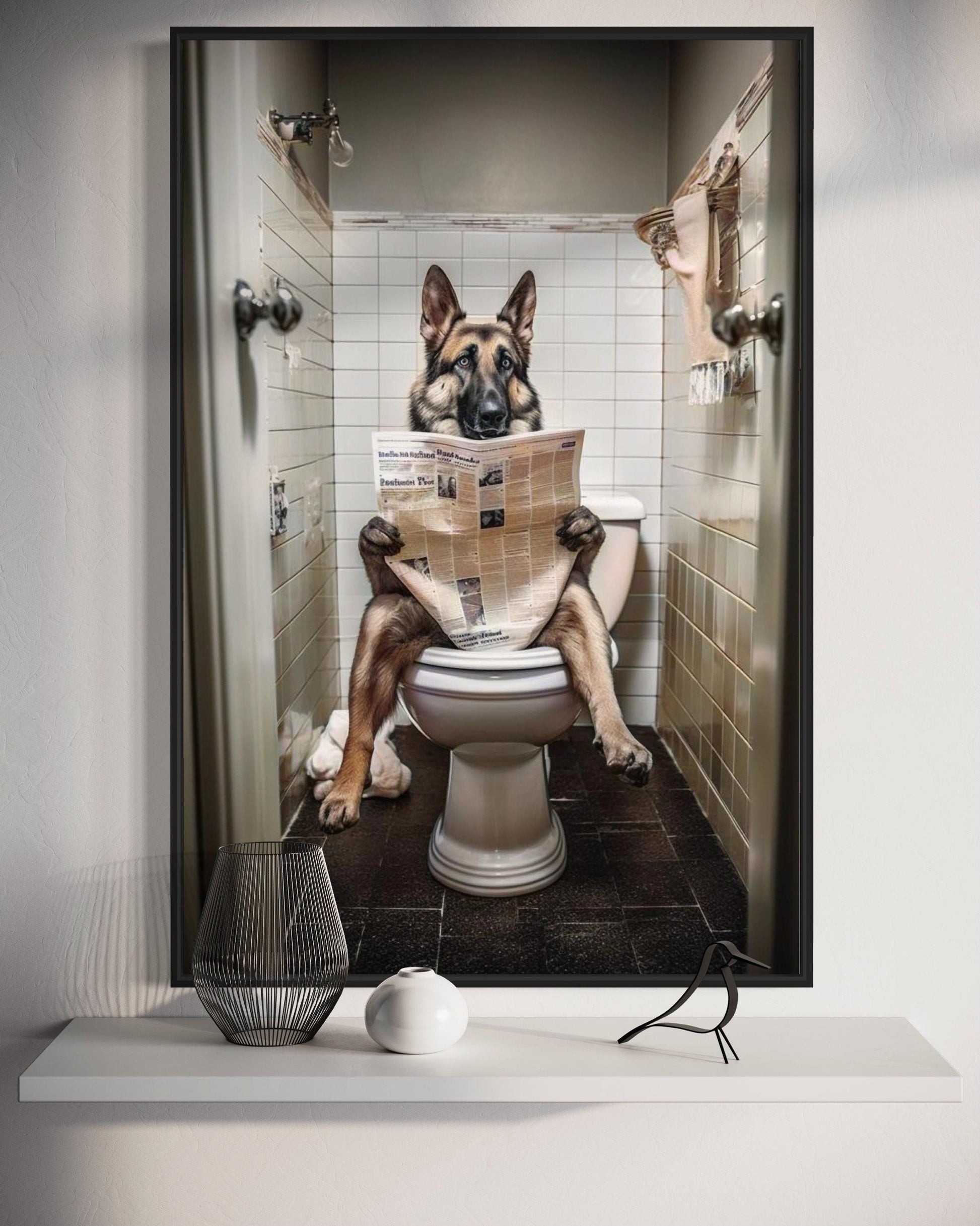 German Shepherd Dog On The Toilet Reading Newspaper Picture Canvas Wall Art