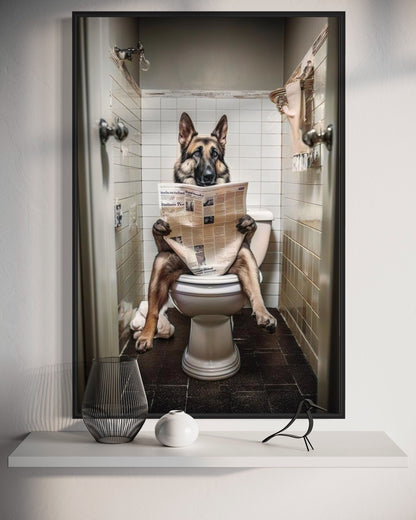 German Shepherd Dog On The Toilet Reading Newspaper Picture Canvas Wall Art