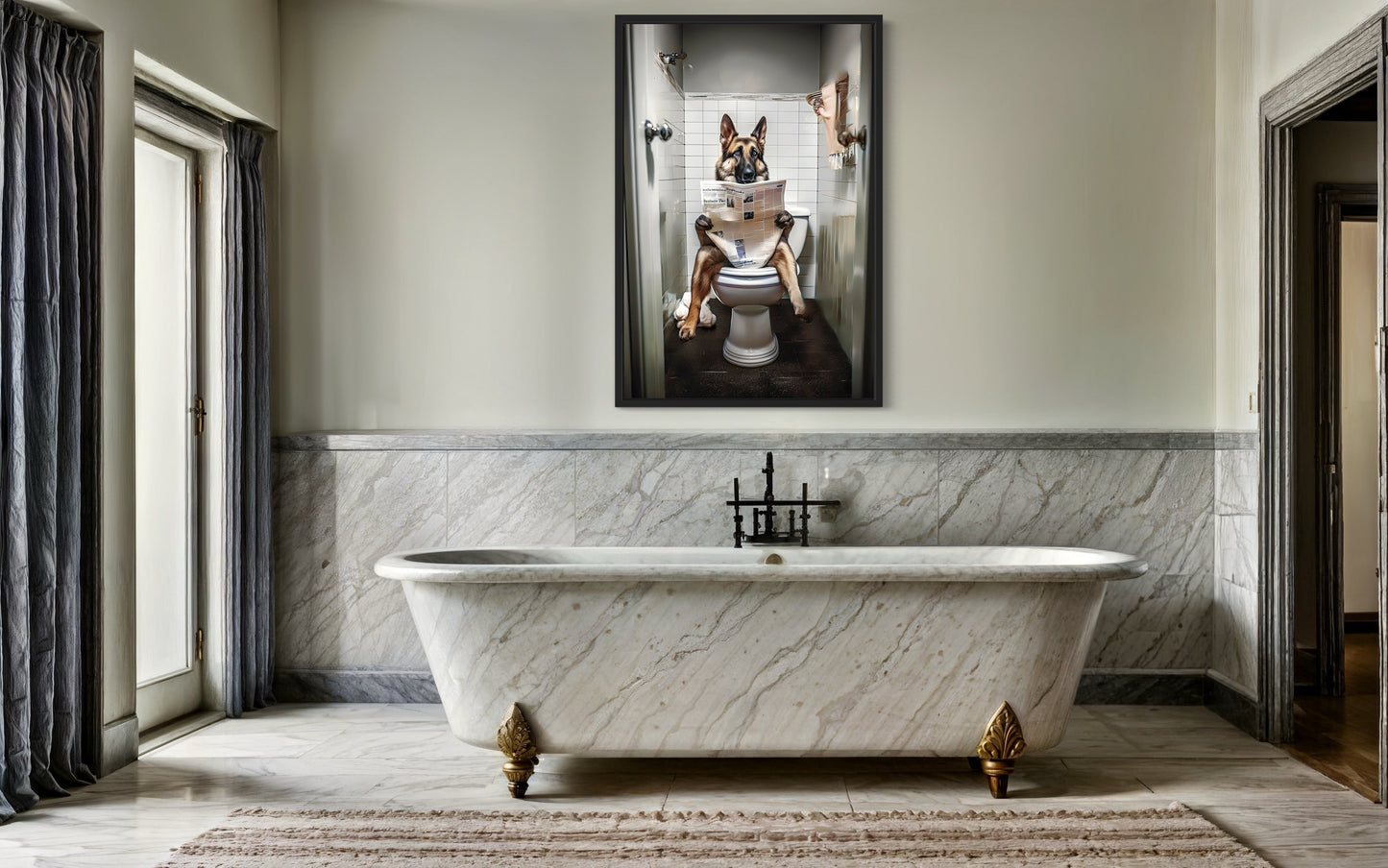 German Shepherd Dog On The Toilet Reading Newspaper Picture Canvas Wall Art