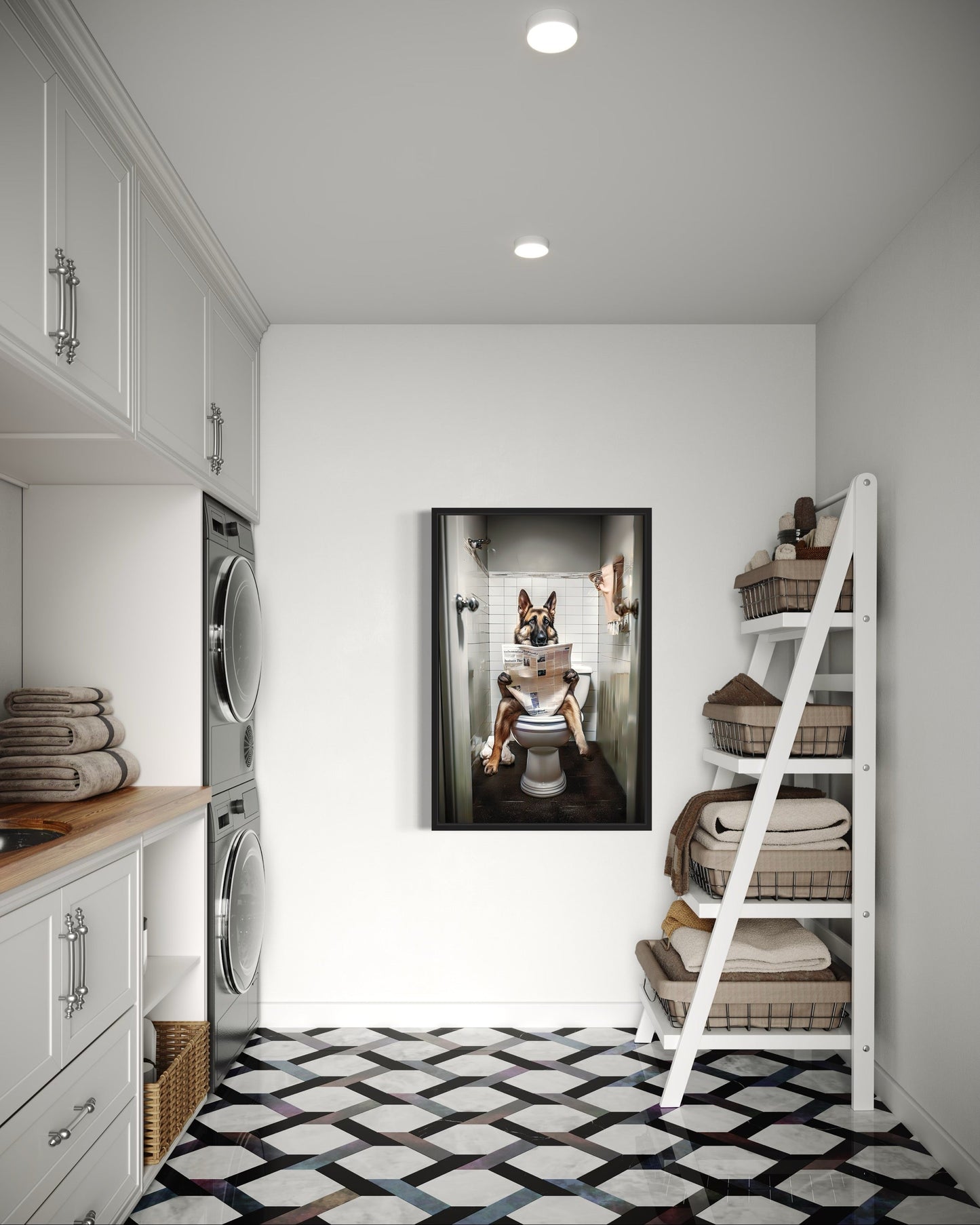 German Shepherd Dog On The Toilet Reading Newspaper Picture Canvas Wall Art