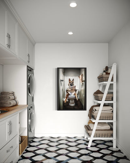 German Shepherd Dog On The Toilet Reading Newspaper Picture Canvas Wall Art