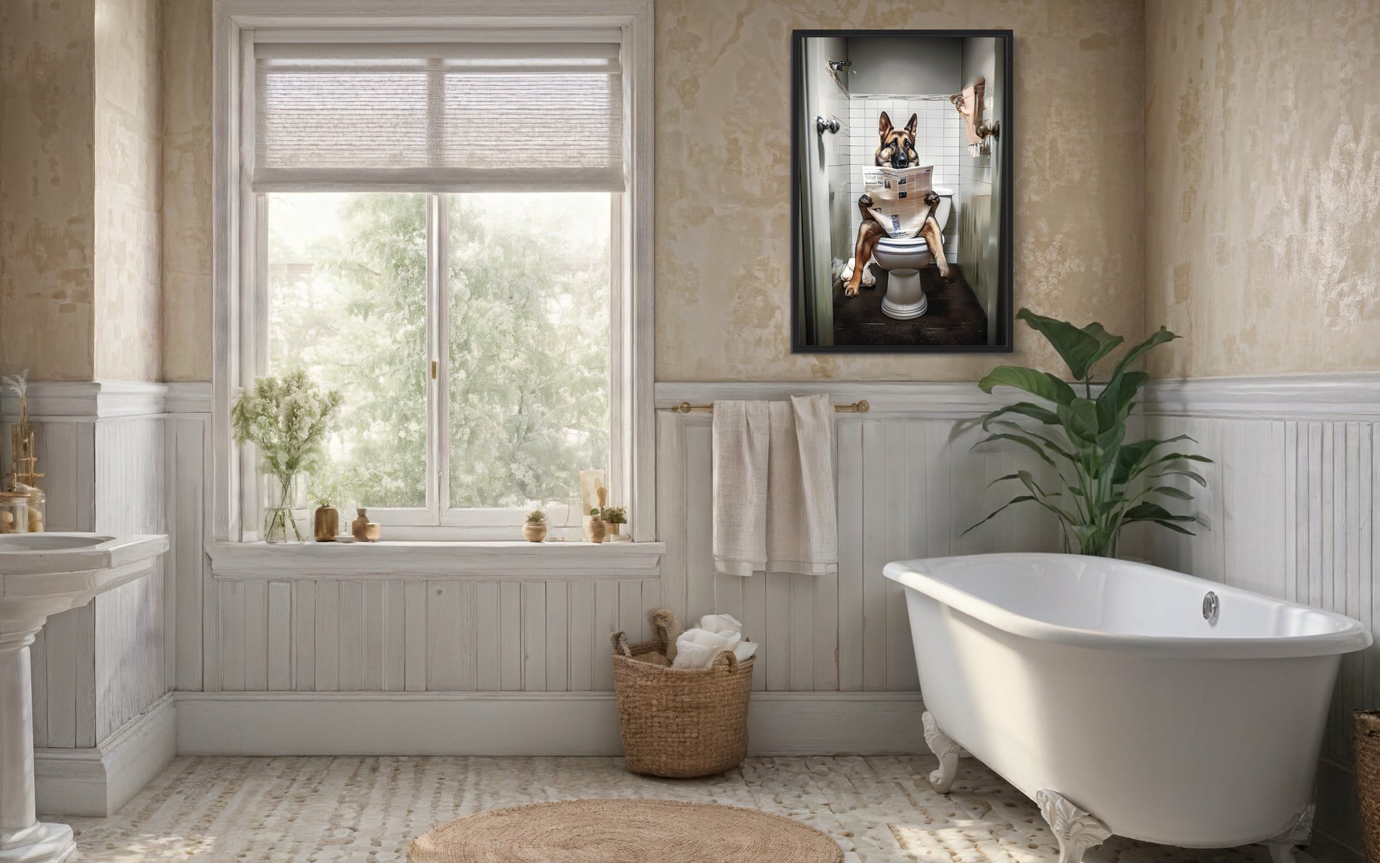 German Shepherd Dog On The Toilet Reading Newspaper Picture Canvas Wall Art