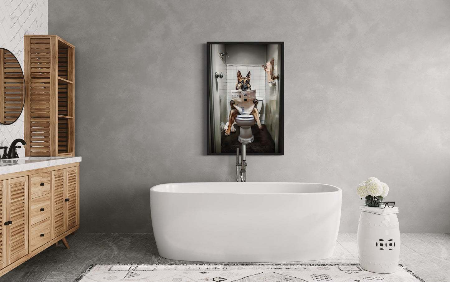 German Shepherd Dog On The Toilet Reading Newspaper Picture Canvas Wall Art