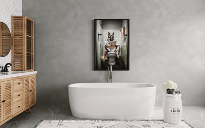 German Shepherd Dog On The Toilet Reading Newspaper Picture Canvas Wall Art