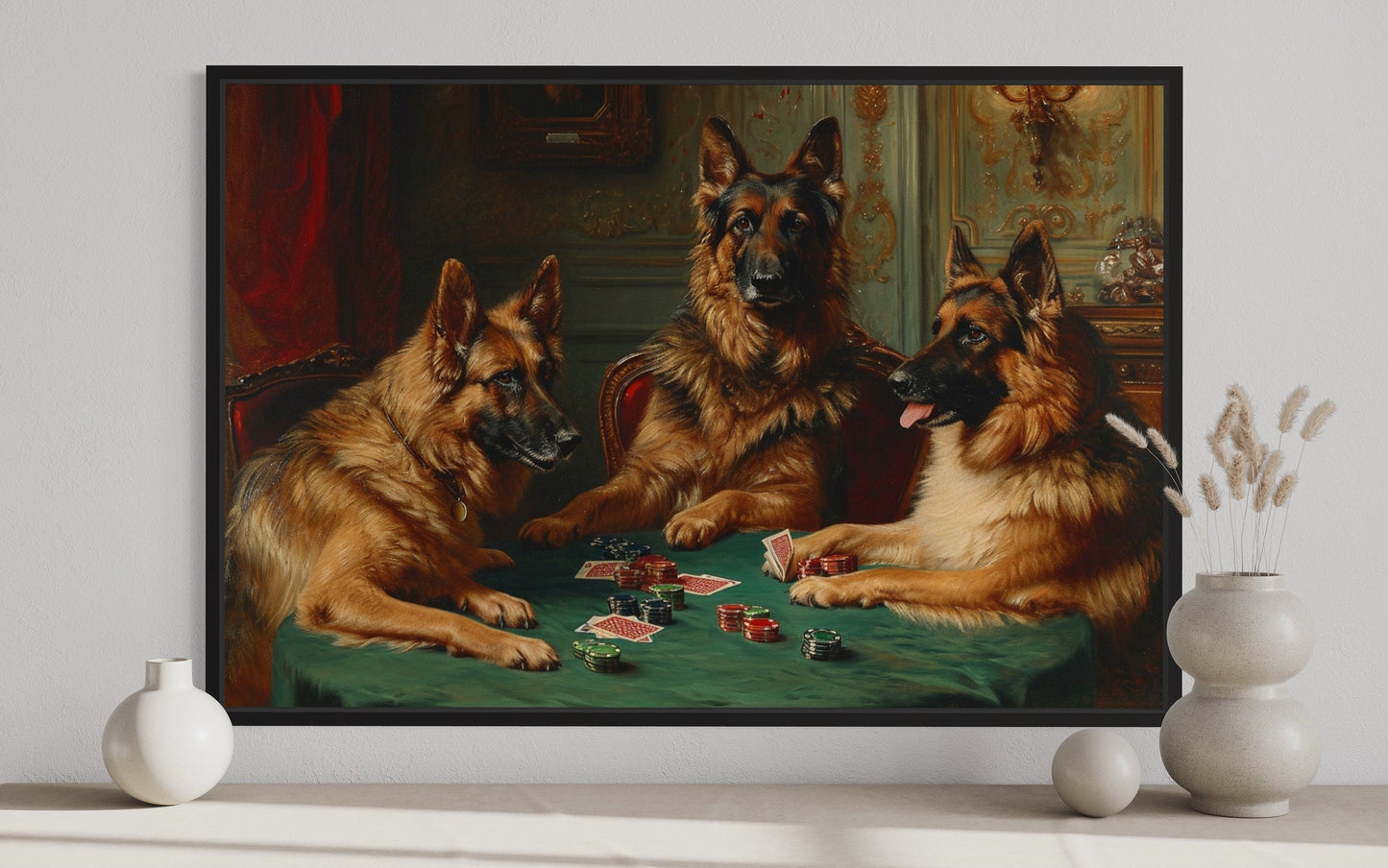 German Shepherds Dogs Playing Poker Framed Canvas Wall Art