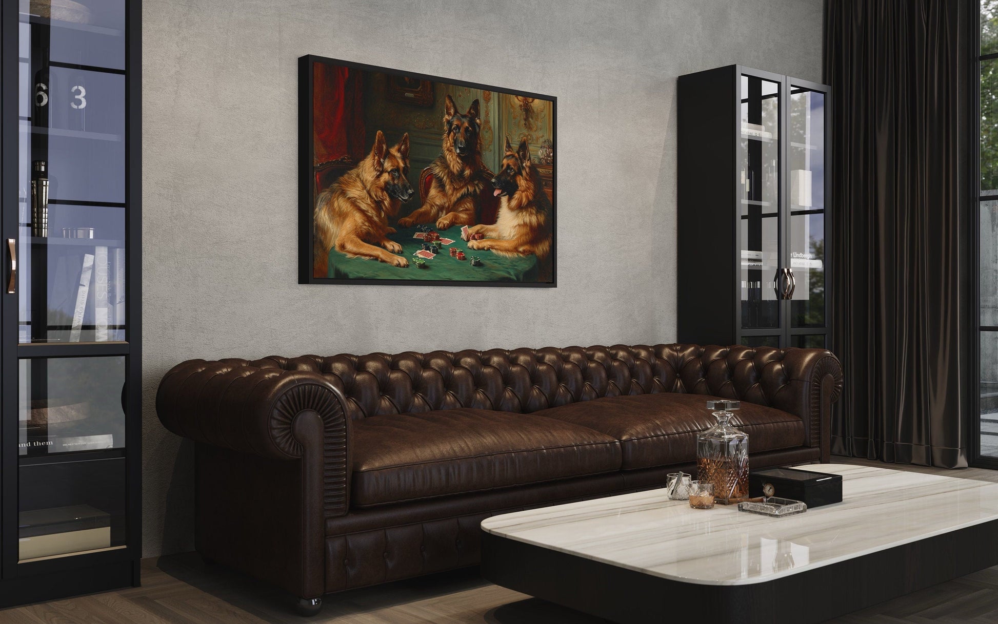 German Shepherds Dogs Playing Poker Framed Canvas Wall Art