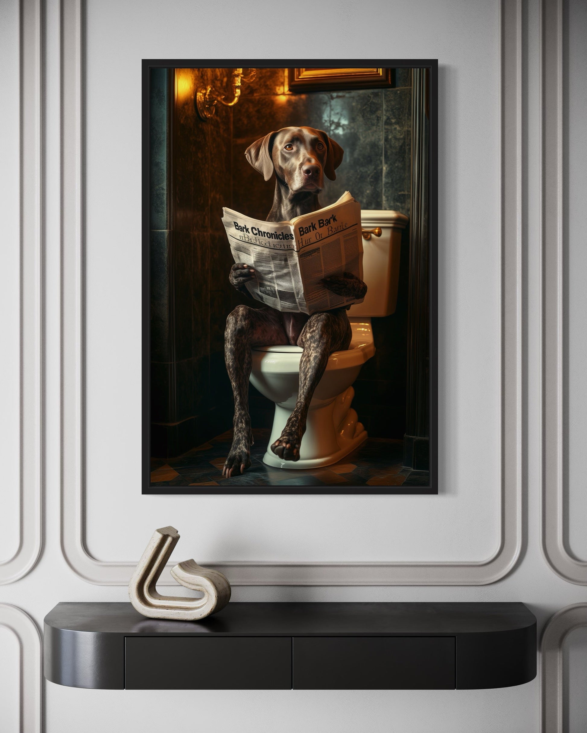 German Shorthaired Pointer On The Toilet Reading Newspaper Picture Canvas Wall Art