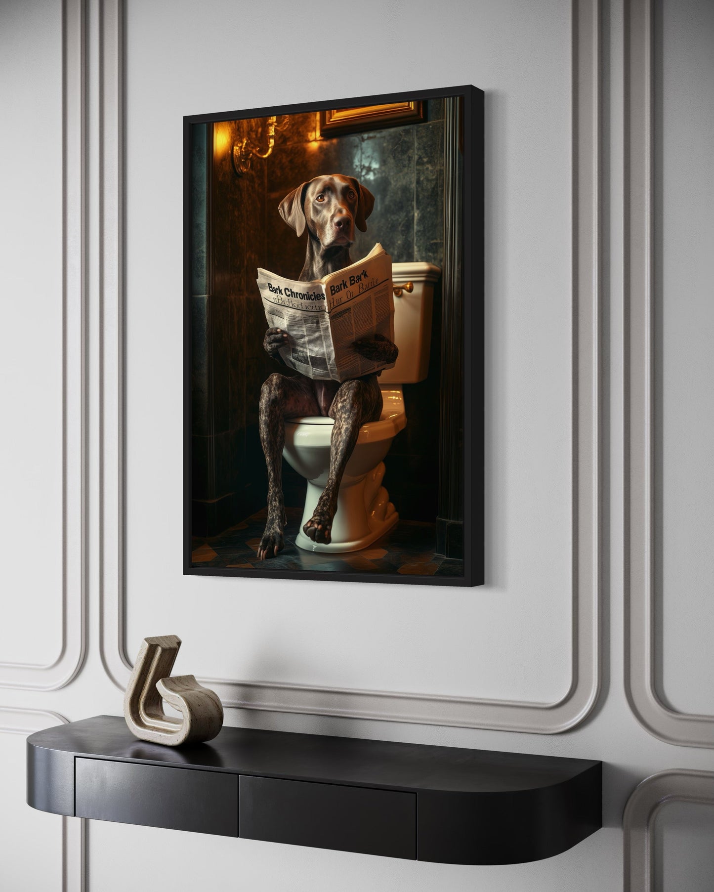 German Shorthaired Pointer On The Toilet Reading Newspaper Picture Canvas Wall Art