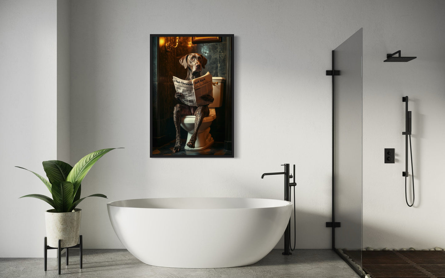 German Shorthaired Pointer On The Toilet Reading Newspaper Picture Canvas Wall Art