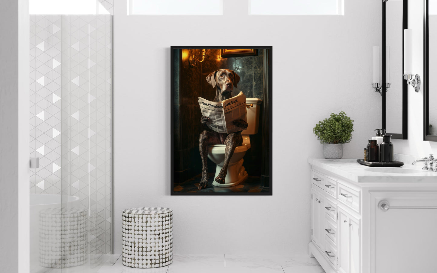 German Shorthaired Pointer On The Toilet Reading Newspaper Picture Canvas Wall Art