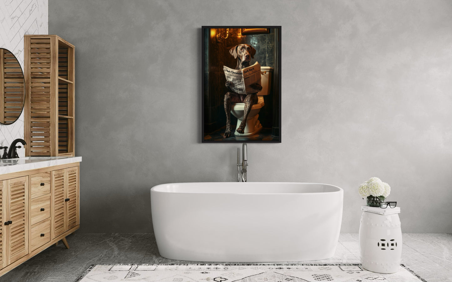 German Shorthaired Pointer On The Toilet Reading Newspaper Picture Canvas Wall Art
