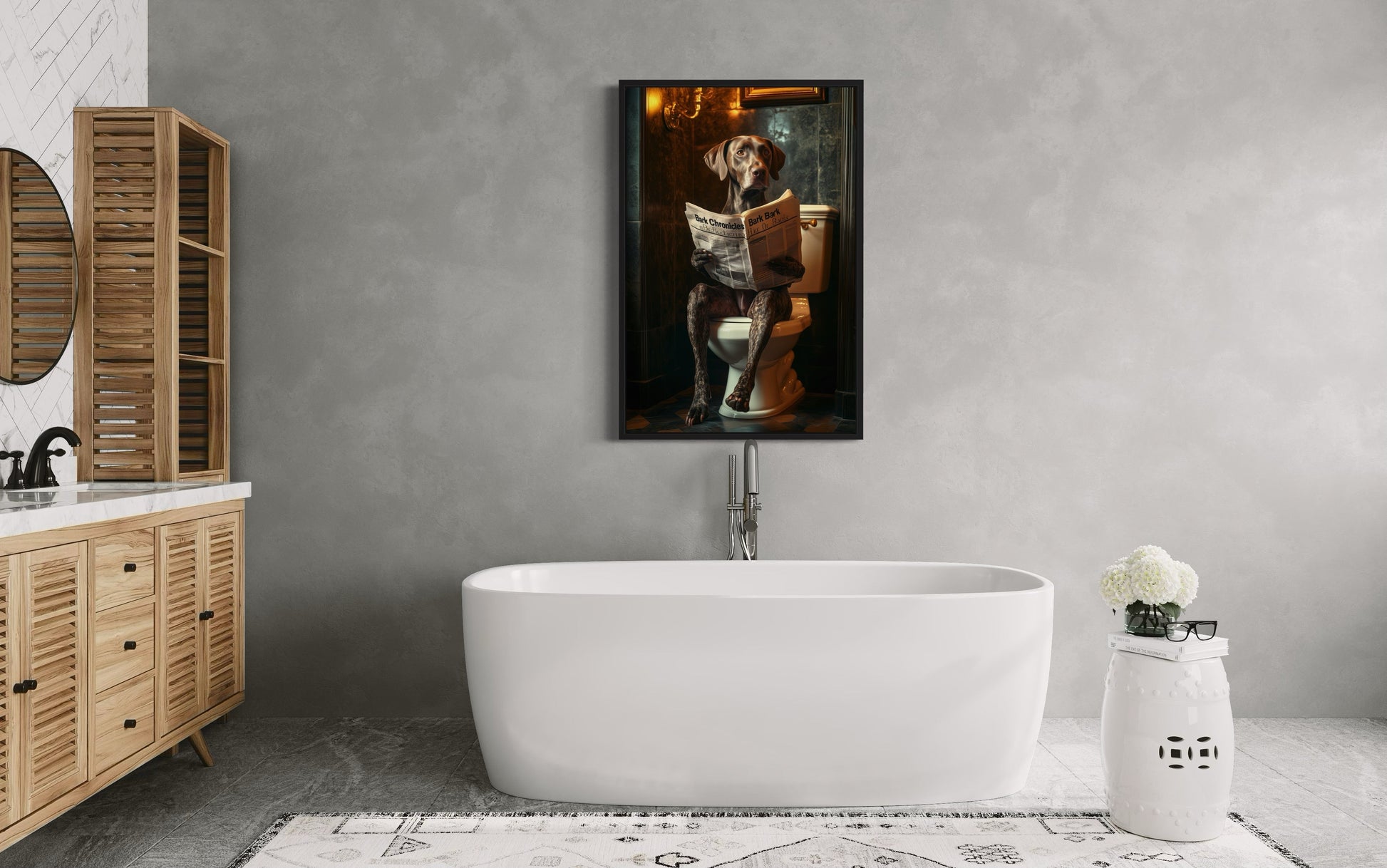 German Shorthaired Pointer On The Toilet Reading Newspaper Picture Canvas Wall Art