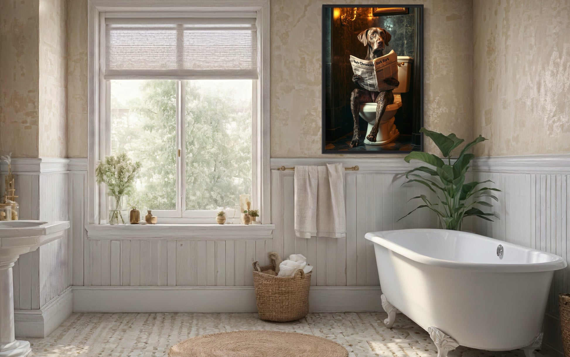 German Shorthaired Pointer On The Toilet Reading Newspaper Picture Canvas Wall Art
