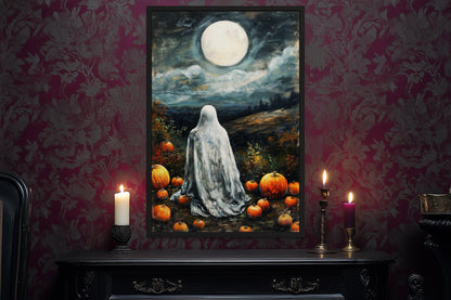 Ghost And Pumpkins Wall Art – Spooky Halloween Canvas with Full Moon