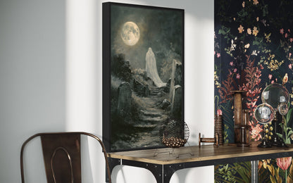 Ghost At Cemetery Graveyard At Full Moon Gothic Halloween Wall Art