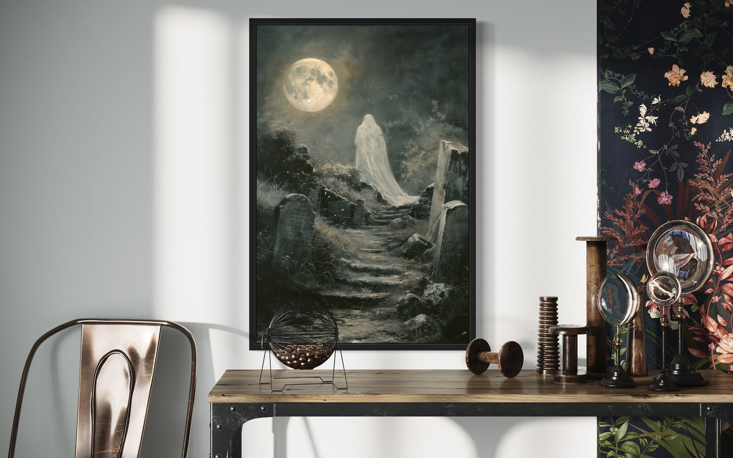 Ghost At Cemetery Graveyard At Full Moon Gothic Halloween Wall Art