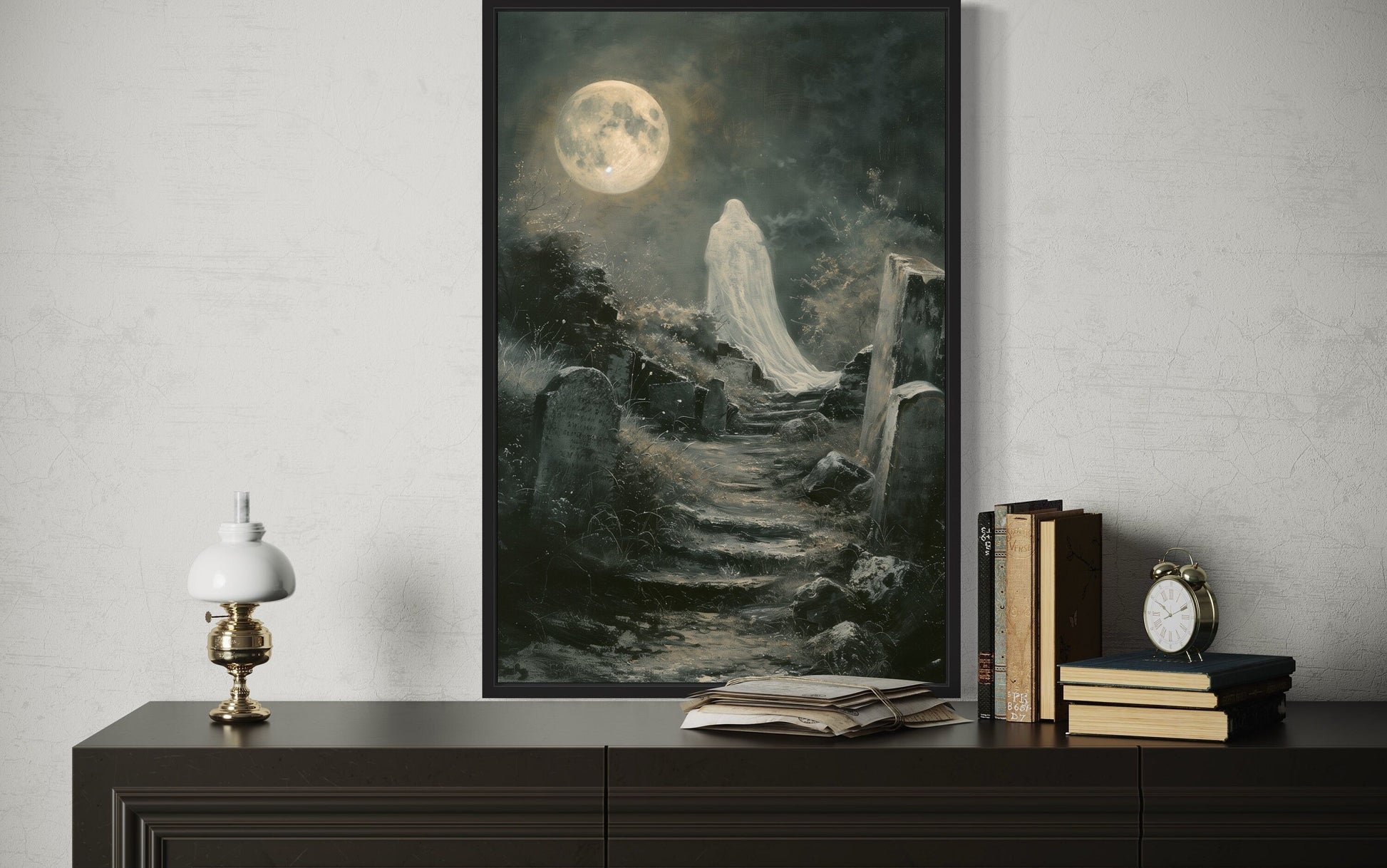 Ghost At Cemetery Graveyard At Full Moon Gothic Halloween Wall Art