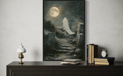 Ghost At Cemetery Graveyard At Full Moon Gothic Halloween Wall Art