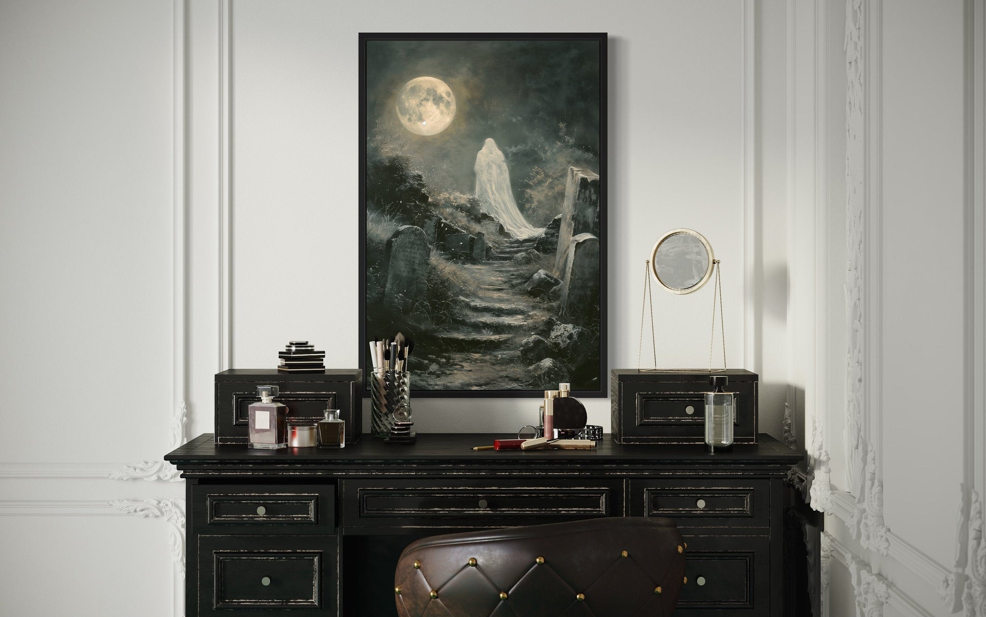 Ghost At Cemetery Graveyard At Full Moon Gothic Halloween Wall Art