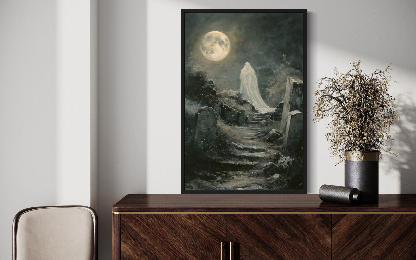 Ghost At Cemetery Graveyard At Full Moon Gothic Halloween Wall Art