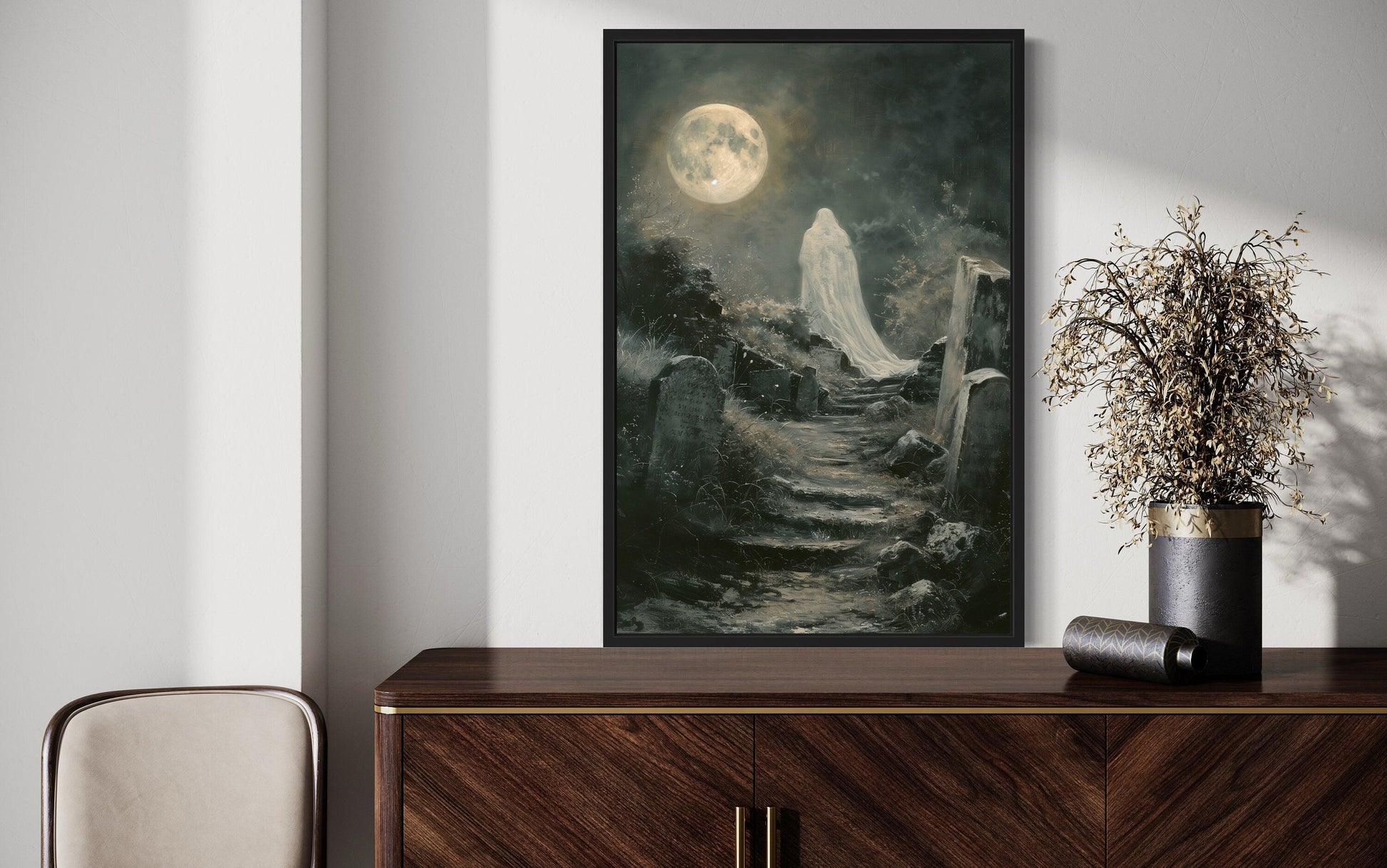 Ghost At Cemetery Graveyard At Full Moon Gothic Halloween Wall Art