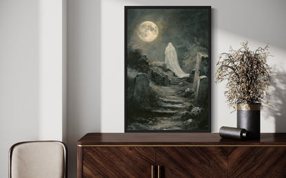 Ghost At Cemetery Graveyard At Full Moon Gothic Halloween Wall Art