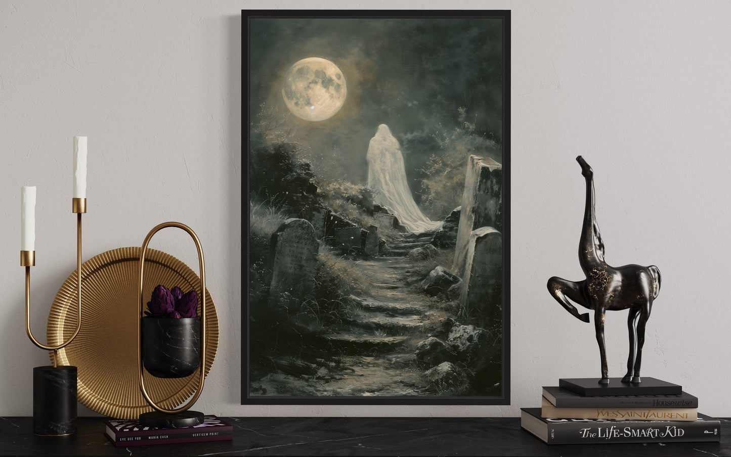 Ghost At Cemetery Graveyard At Full Moon Gothic Halloween Wall Art