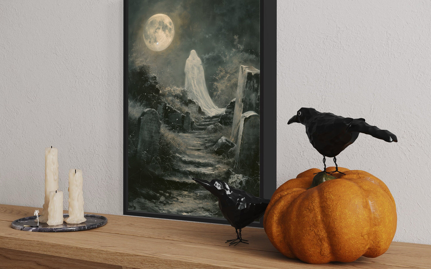 Ghost At Cemetery Graveyard At Full Moon Gothic Halloween Wall Art