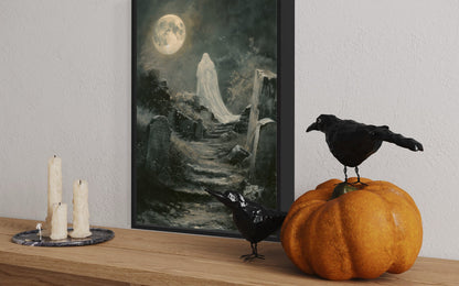 Ghost At Cemetery Graveyard At Full Moon Gothic Halloween Wall Art