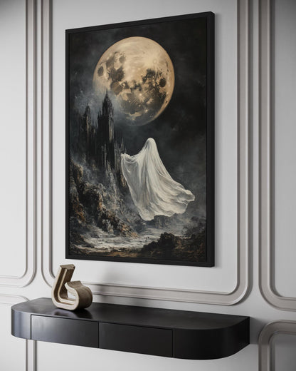 Ghost Floating Toward Gothic Castle Under Giant Moon Halloween Wall Art