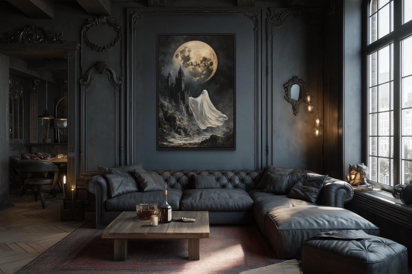 Ghost Floating Toward Gothic Castle Under Giant Moon Halloween Wall Art