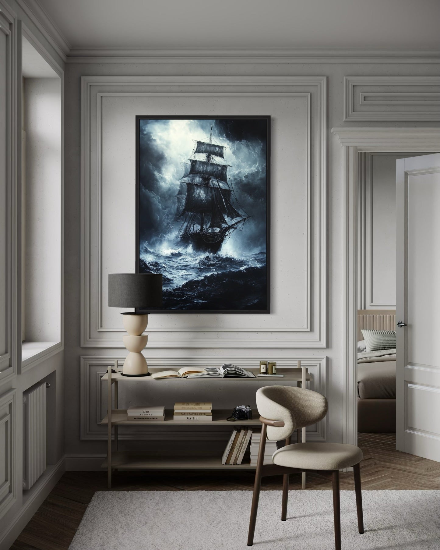 Ghost Pirate Ship In The Ocean Gothic Framed Canvas Wall Art For Nautical Manly Office Decor