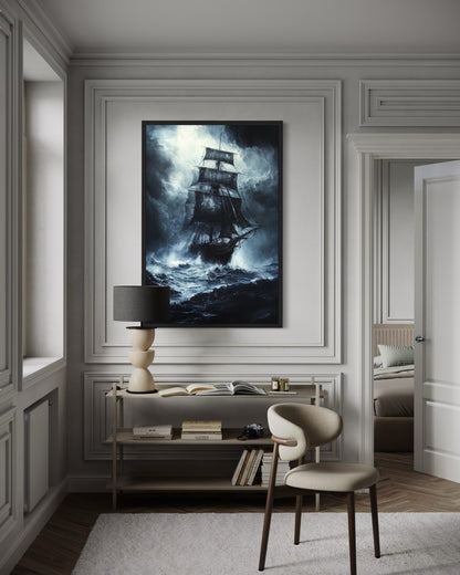 Ghost Pirate Ship In The Ocean Gothic Framed Canvas Wall Art For Nautical Manly Office Decor