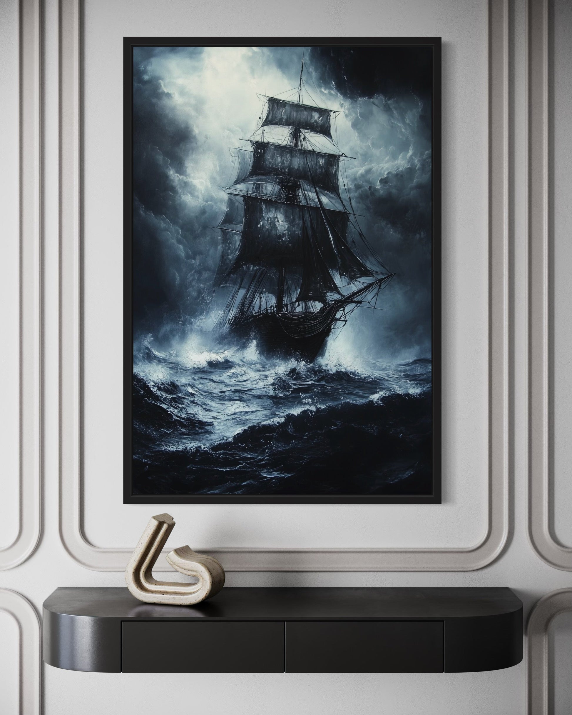 Ghost Pirate Ship In The Ocean Gothic Framed Canvas Wall Art For Nautical Manly Office Decor