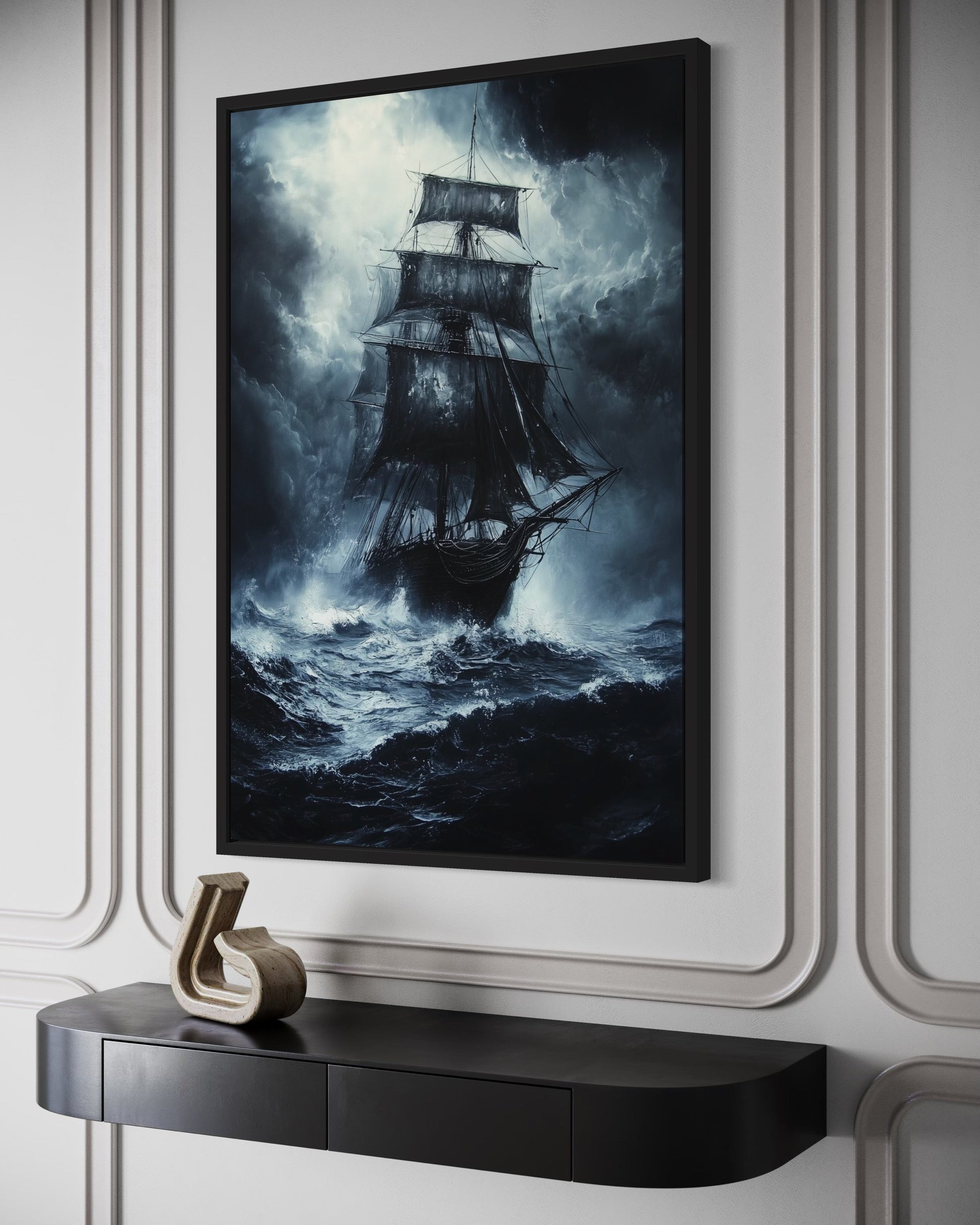 Ghost Pirate Ship In The Ocean Gothic Framed Canvas Wall Art For Nautical Manly Office Decor