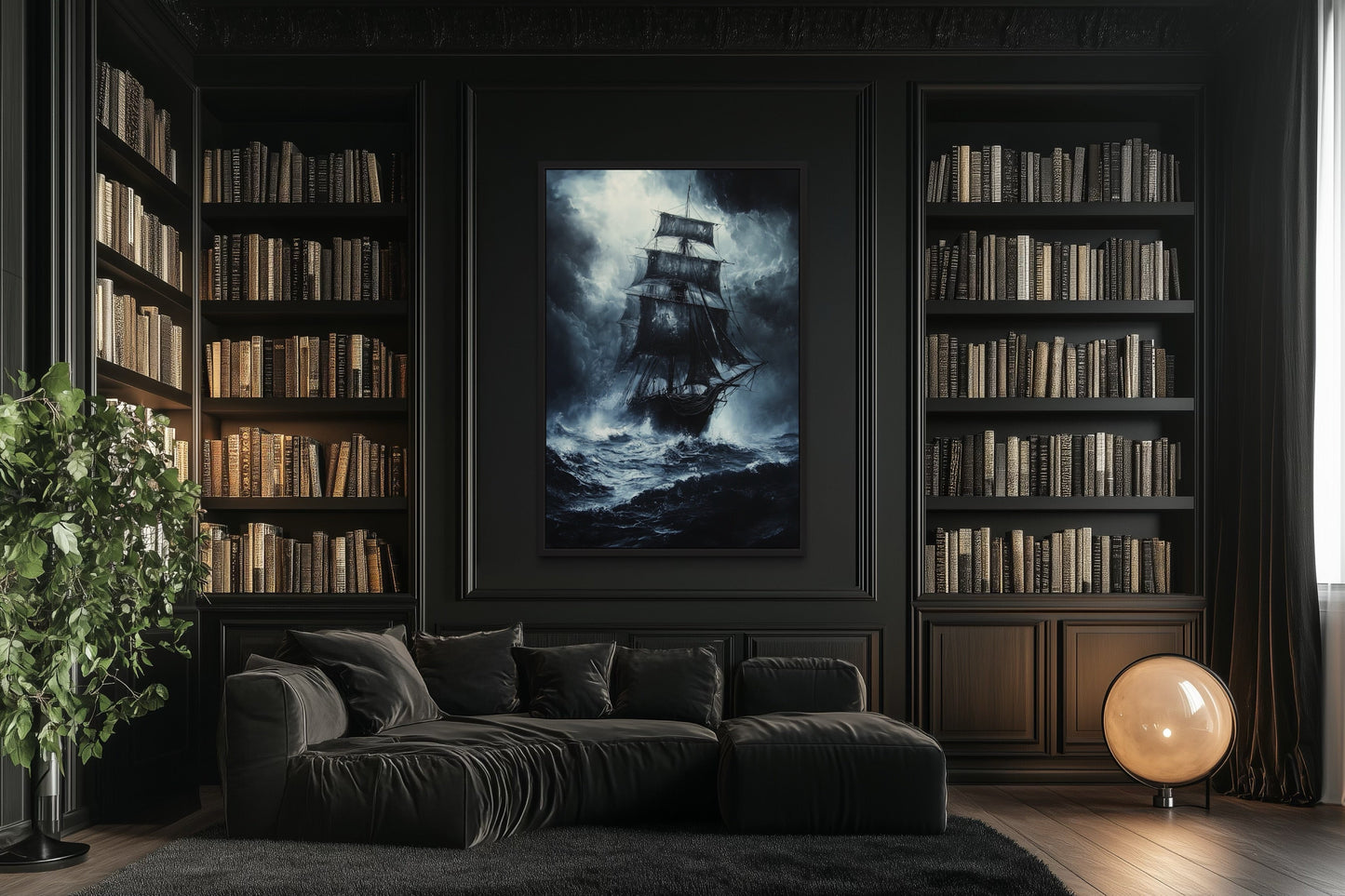 Ghost Pirate Ship In The Ocean Gothic Framed Canvas Wall Art For Nautical Manly Office Decor