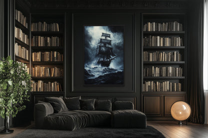 Ghost Pirate Ship In The Ocean Gothic Framed Canvas Wall Art For Nautical Manly Office Decor