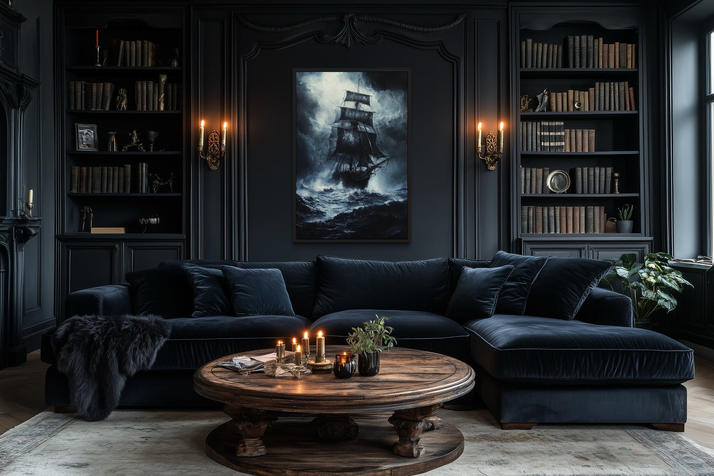 Ghost Pirate Ship In The Ocean Gothic Framed Canvas Wall Art For Nautical Manly Office Decor
