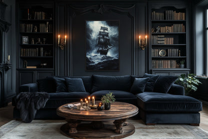 Ghost Pirate Ship In The Ocean Gothic Framed Canvas Wall Art For Nautical Manly Office Decor