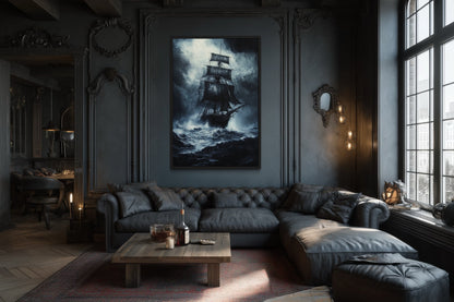 Ghost Pirate Ship In The Ocean Gothic Framed Canvas Wall Art For Nautical Manly Office Decor