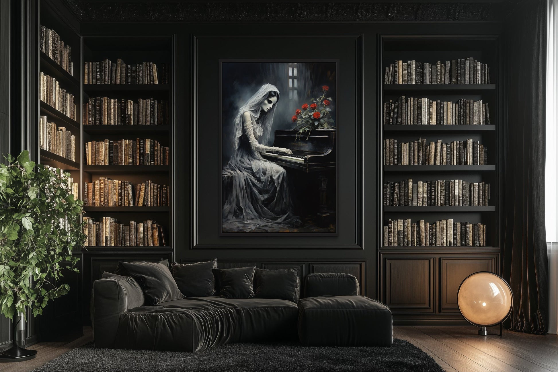 Ghost Playing Piano Gothic Framed Canvas Wall Art